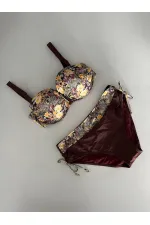 Kadın Kahve Çiçek Desenli Büyük Beden Astarlı Lacivert Bikini Takım HZL25S-LC3301