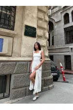 Kadın Beyaz Arkadan İp Bağlamalı Yırtmaç Detaylı Keten Elbise HZL25S-ZK11241