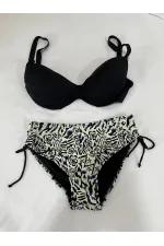 Kadın Siyah Taş İşlemeli Bej Desenli Astarlı Büyük Beden Bikini Takımı HZL25S-LC3351