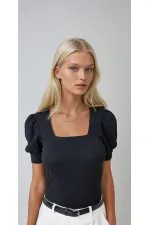 Kadın Siyah Kare Yaka Örme Bluz HZL22W-BD104091