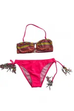 Kız Çocuk Fuşya Çok Renkli  İp Detaylı Astarlı 4-12 Yaş Üçgen Bikini Takım HZL24S-LC1904