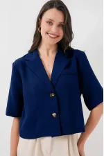 Women's Navy Blue Short Sleeve Shawl Collar Buttoned Seasonal Linen Ayrobin Jacket HZL24S-BD107061
