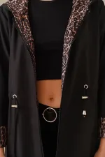 Trench-coat long à capuche et cordon de serrage pour femme, noir, motif léopard, HZL22W-BD190911