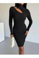 Kadın Siyah Boğazlı Uzun Kollu Ottoman Kumaş Elbise HZL25S-FRY123331