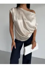 Kadın Krem Tek Omuz Asimetrik Kesim Saten Bluz HZL26W-FRY121171