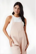 Kadın Krem Ayarlanabilir Askılı Cepli Bol Paça Bahçıvan Tulum HZL22S-BD170191