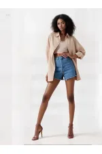 Kadın Bej Oversize Uzun Basic Gömlek HZL22W-BD139001