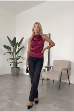 Women's Burgundy Halter Neck Satin Fabric Backless Blouse HZL26W-FRY123801
