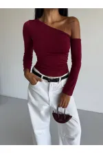 Kadın Bordo Asimetrik Yaka Drapeli Sandy Bluz HZL25S-FRY123361