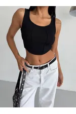 Kadın Siyah Fitilli Kaşkorse Crop Bluz HZL25S-FRY123171