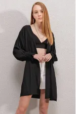 Women's Black Ruffle Sleeve Elastic Loose Kimono HZL23S-BD158821