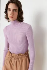 Pull col roulé côtelé lilas pour femme HZL22W-BD1445001