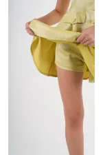 Women's Pistachio Green Straped Front Buttoned Pocket Elastic Waist Shorts Dress HZL24S-YY197