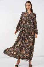 Kadın Desenli Uzun Tesettür Elbise 2585 - L. Siyah