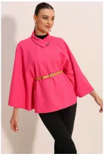 Kadın Fuşya Hakim Yaka Kemer Detaylı Kaşe Panço  HZL24W-BD191341