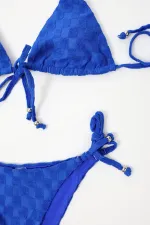 Kadın Saks Mavisi  İp Bağlamalı Aksesuarlı Astarlı Yüksek Bel Üçgen Bikini Takım HZL24S-LC2229