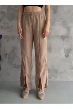 Kadın Bisküvi Lastikli Bel Yırtmaç Detaylı Cepsiz İthal Keten Astarsız Pantolon HZL24S-FRY121941
