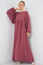 Kadın Balon Kol Uzun Tesettür Elbise 2464 - D.Gül Kurusu
