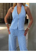 Kadın Mavi Çizgili Önü Fermuarlı Bluz Pantolon İkili Takım HZL25S-ZK13691