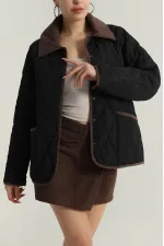 Kadın Siyah Çıt Çıt Kapamalı Kadife Detaylı Kapitone Mont HZL25W-BD152261