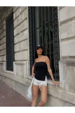 Kadın Siyah Yanı Büzgülü Çift Yırtmaçlı Straplez Bluz HZL24S-ZK13091