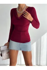 Kadın Bordo Degaje Yaka Yandan Büzgülü Uzun Kol Sandy Bluz HZL24W-FRY122481