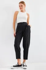 6637 High-Waisted Striped Fabric Trousers - Black