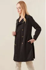 Trench-coat court noir à double boutonnage pour femme, non doublé, confortable et de saison, avec ceinture (HZL23S-BD158641)
