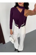 Kadın Mor Fularlı Sandy Kumaş Asimetrik Kesim Bluz HZL25S-FRY123371