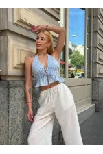 Chemisier dos nu en lin bleu pour femme HZL24S-ZK11081