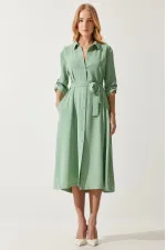 Kadın Çağla Yeşil Gizli Cepli Kuşaklı Viskon Gömlek Elbise HZL24S-BD124421