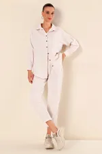 Kadın Krem Keten Gömlek Pantolon  Alt-Üst İkili Takım HZL23W-BD166221