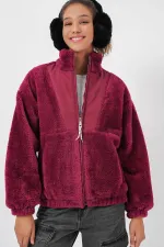 Veste zippée bordeaux imprimée en fausse peau de mouton pour femme, doublée de peluche HZL25W-BD151941