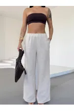 Kadın Krem Beli Lastikli Müslin Kumaş Bol Paça Pantolon HZL25S-DSB12221