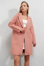 Kadın Pembe Tek Düğmeli Çift Cepli Astarlı Şık Kaşe Kaban HZL23W-BD190851