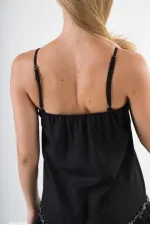 Kadın Siyah V Yaka İp Askılı Eteği Pileli Güpür Detaylı Elbise HZL24S-YY244