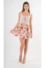 Kadın Sarı Önden İp Bağlamalı Ajurlu Model Saten Yüzeyli Mini Elbise HZL24S-YY250