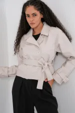 Women's Belted Faux Leather Jacket 1046 - Ecru