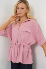 Fermuarlı Kadın Gömlek 0721 - Pudra
