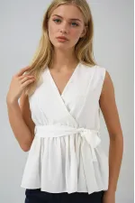 Kadın Beyaz Kruvaze Yaka Beli Lastikli Kuşaklı Bluz HZL25S-BD19661