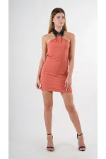 Kadın Kiremit Halter Yaka Saten Kumaş Sırt Dekolteli Mini Elbise HZL24S-YY262