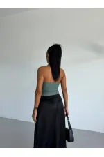 Kadın Yeşil Ottoman Kumaş Halter Yaka Toka Detay Bluz HZL26W-FRY123321