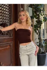 Kadın Kahverengi Katlamalı Straplez Bluz HZL24S-ZK11301