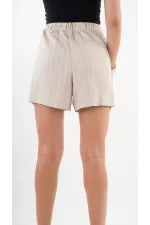Kadın Bej Çizgili  Beli Lastikli Düğme Detaylı Cepli Şort HZL24S-YY277