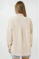 Kadın Bej Oversize Çift Cepli Keten Gömlek HZL22S-BD1201261