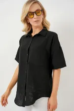 Chemise à manches courtes pour femme, aspect lin, référence 20336 - Noire