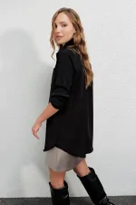 Kadın Siyah Yandan Yırtmaçlı  Ip Büzgülü  Gömlek HZL23W-BD1201321