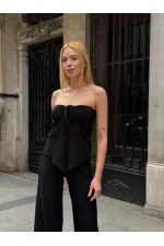 Kadın Siyah Boyundan Bağlamalı Staplez Bluz HZL25S-ZK13581