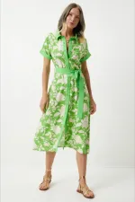 Kadın Yeşil Krem Kuşaklı Çiçek Desenli Düğmeli Yazlık Viskon Elbise HZL24S-BD124551