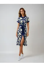 Kadın Lacivert Krem Kuşaklı Çiçek Desenli Düğmeli Yazlık Viskon Elbise HZL24S-BD124551